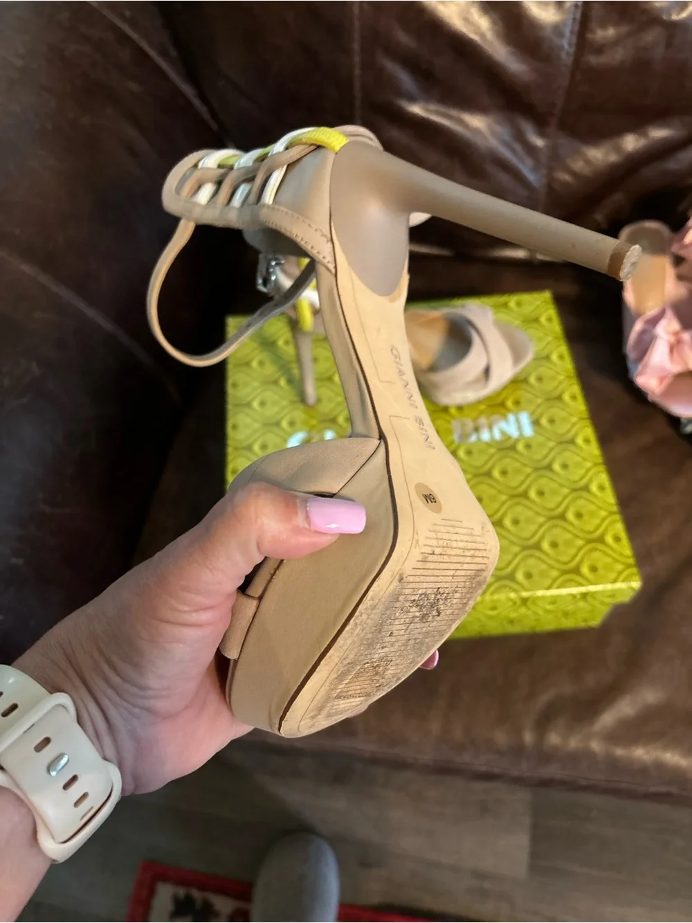 Gianni Bini Beige Suede Strappy High Heels with Yellow Accent